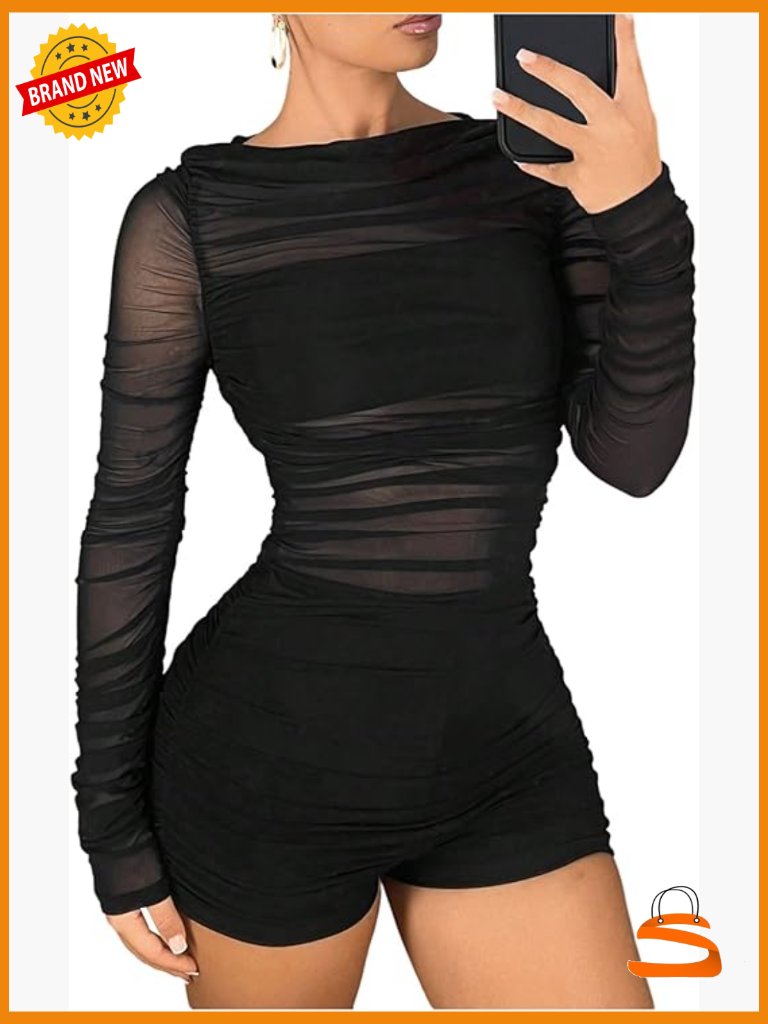 Sexy Sheer Mesh Long Sleeve Romper Ruched Bodycon Jumpsuit Shorts